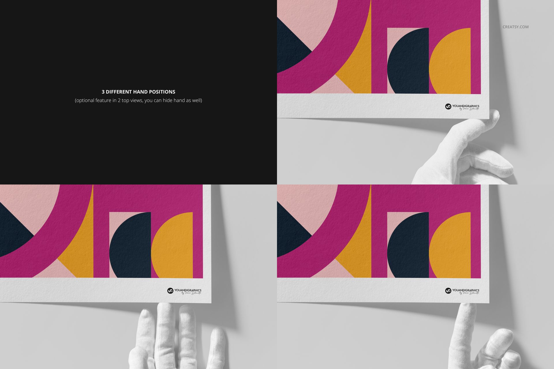 Mockup of an A3 giclée fine art print featuring bold geometric shapes, held by a white gloved hand in various poses.