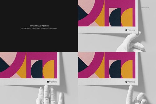Mockup of an A3 giclée fine art print featuring bold geometric shapes, held by a white gloved hand in various poses.