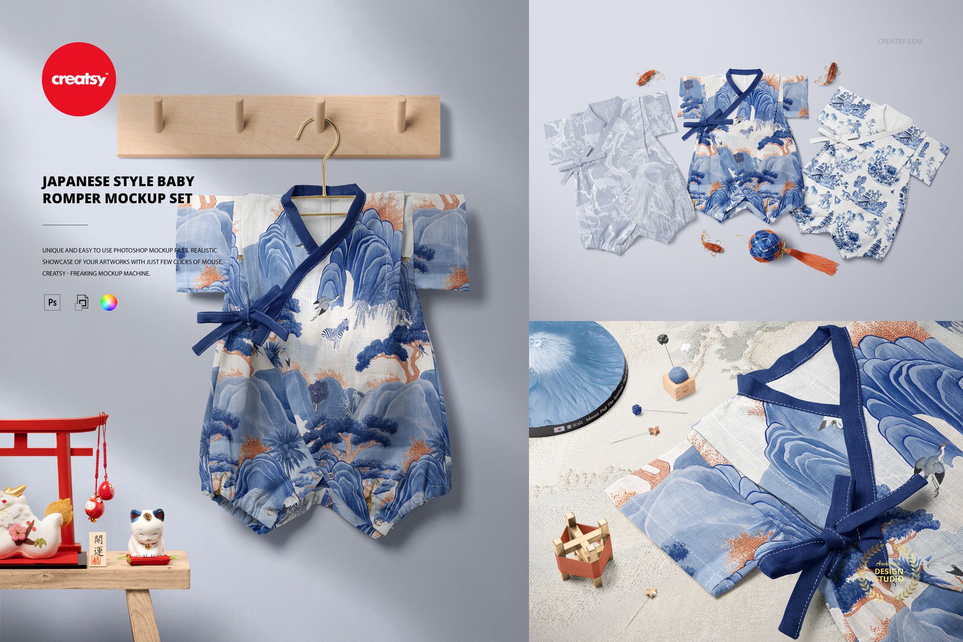 Baby romper mockup in traditional Japanese design, shown with a temari ball, brass spool, and other themed accessories.