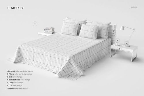 PSD mockup of a bed featuring a grid-patterned coverlet and pillows, viewed from a front angle with simple decor.