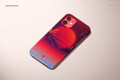 iPhone 12 glossy snap case mockup featuring a red phone and a colorful retro sunset pattern, displayed at a diagonal angle.