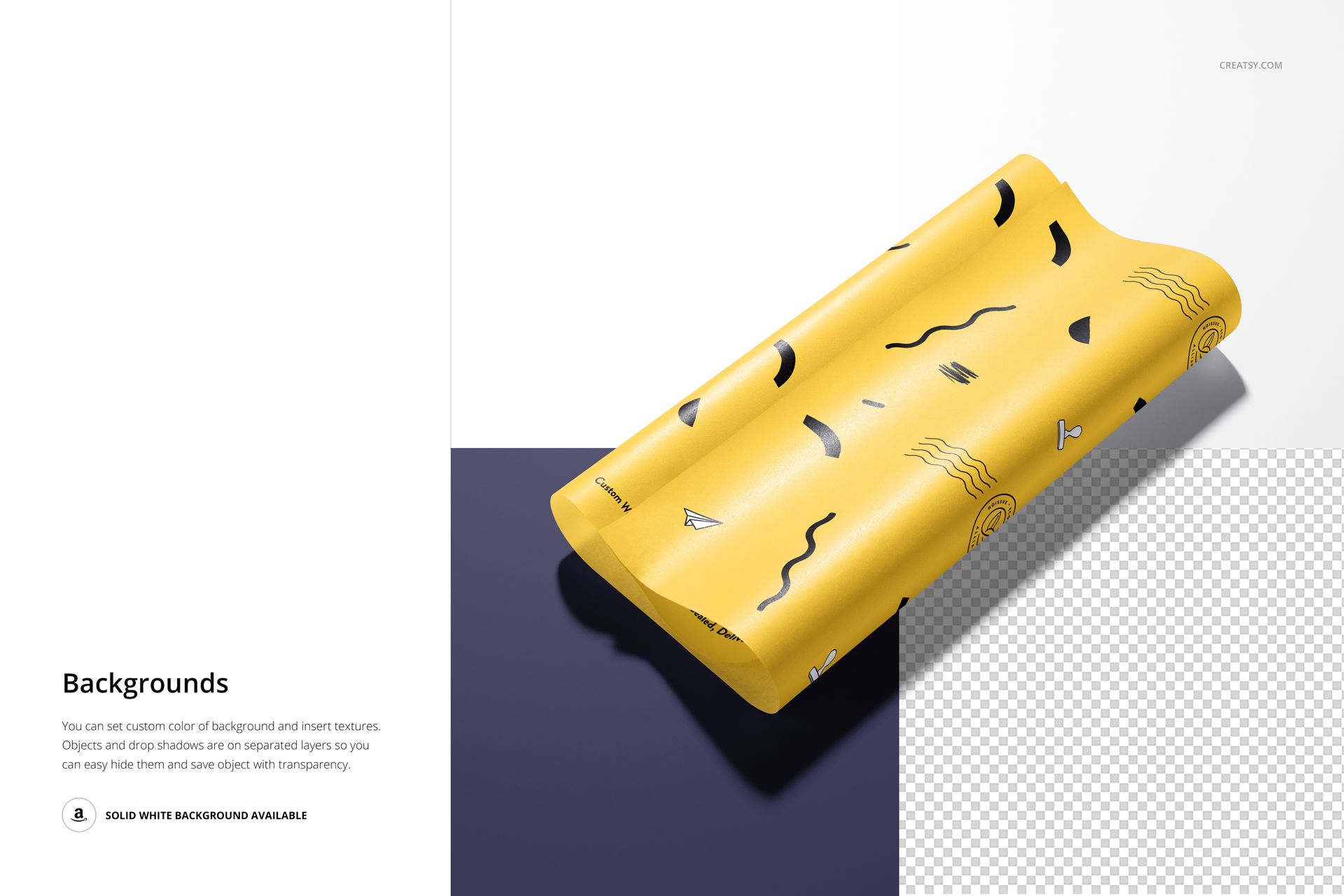 Yellow food safe paper with abstract black shapes displayed on a flat surface, shown in a packaging PSD mockup scene.