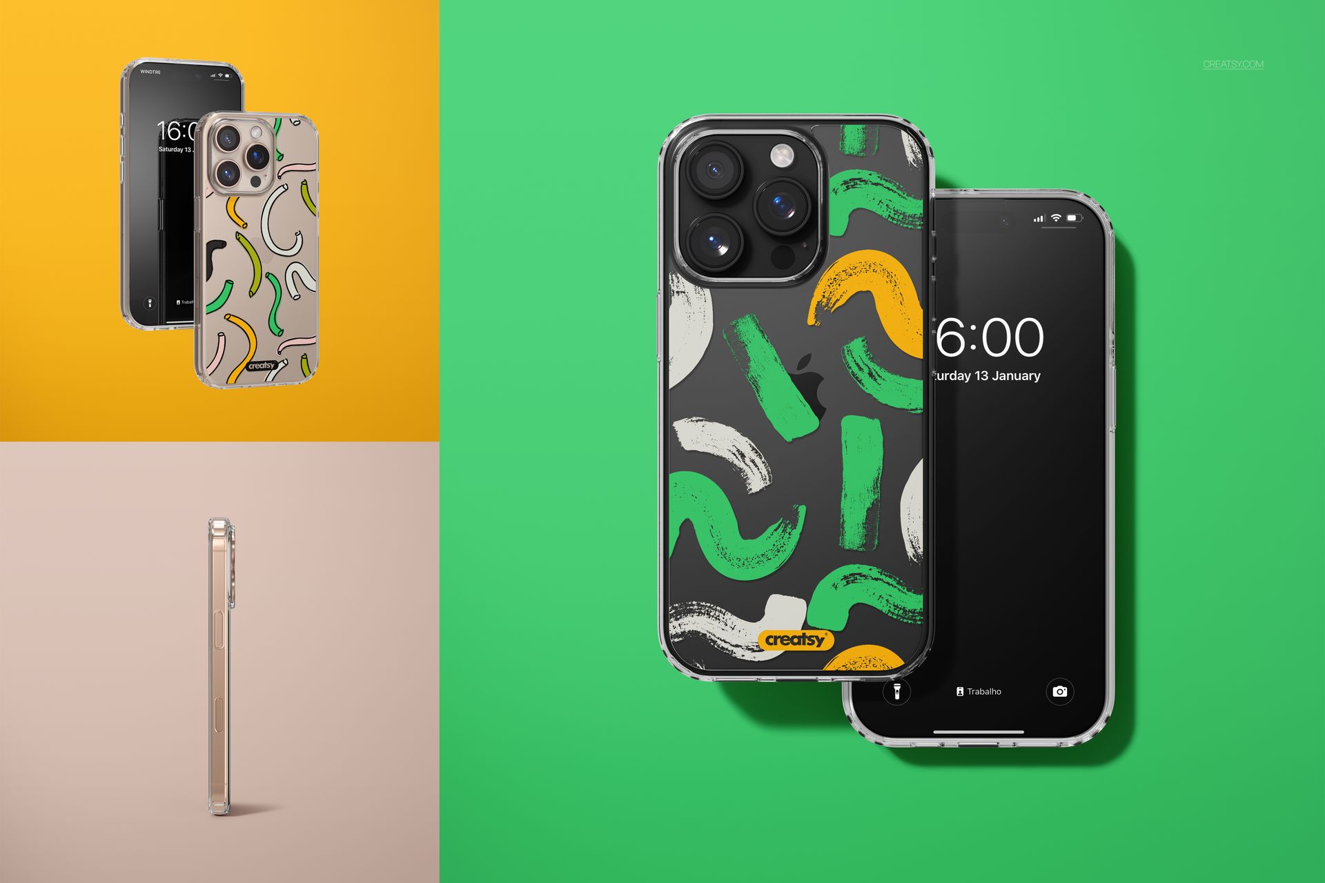 Clear phone case mockup for iPhone 16 Pro Max with abstract green, white, and black brushstroke pattern on front view.