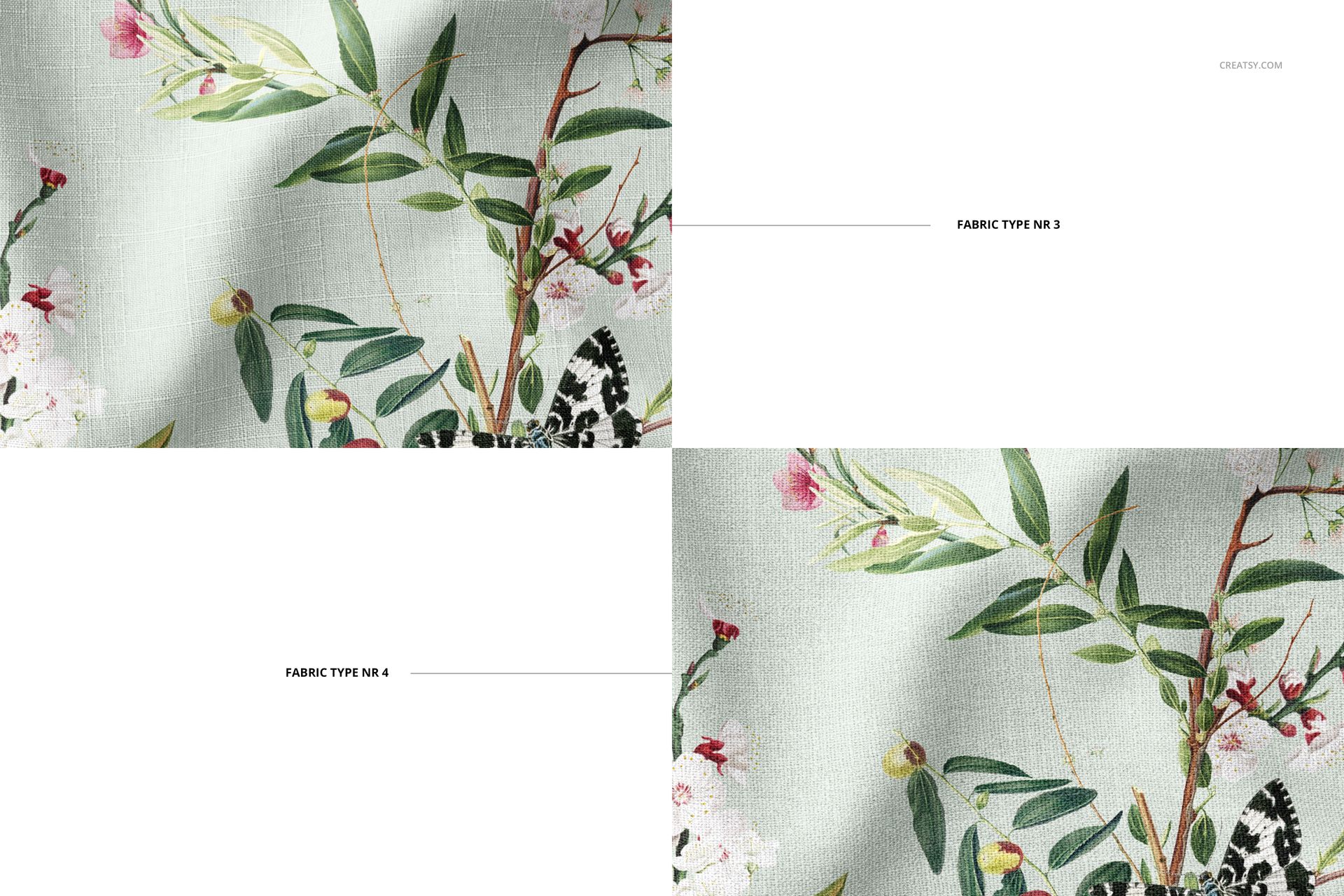 Top view of two fabric mockup samples with leafy and floral designs, labeled as different fabric types.