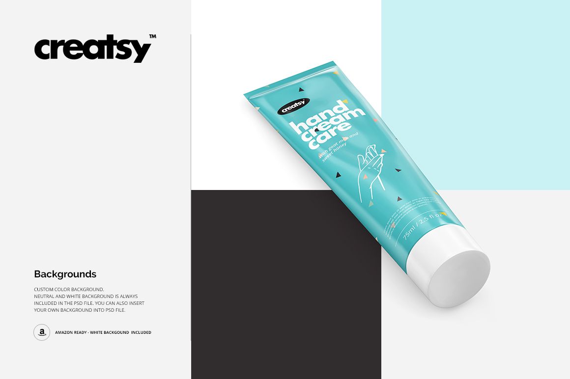 Turquoise hand cream tube mockup with white cap, lying diagonally on a color-blocked surface with soft tones.
