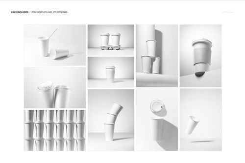 Collage of paper cup mockups in various arrangements, including stacked, with lids, straws, and sleeves, on white backgrounds.