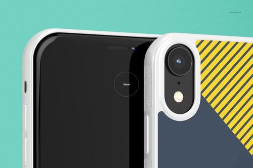 Detailed PSD mockup showing a white iPhone XR case with geometric yellow and blue pattern against a teal backdrop.