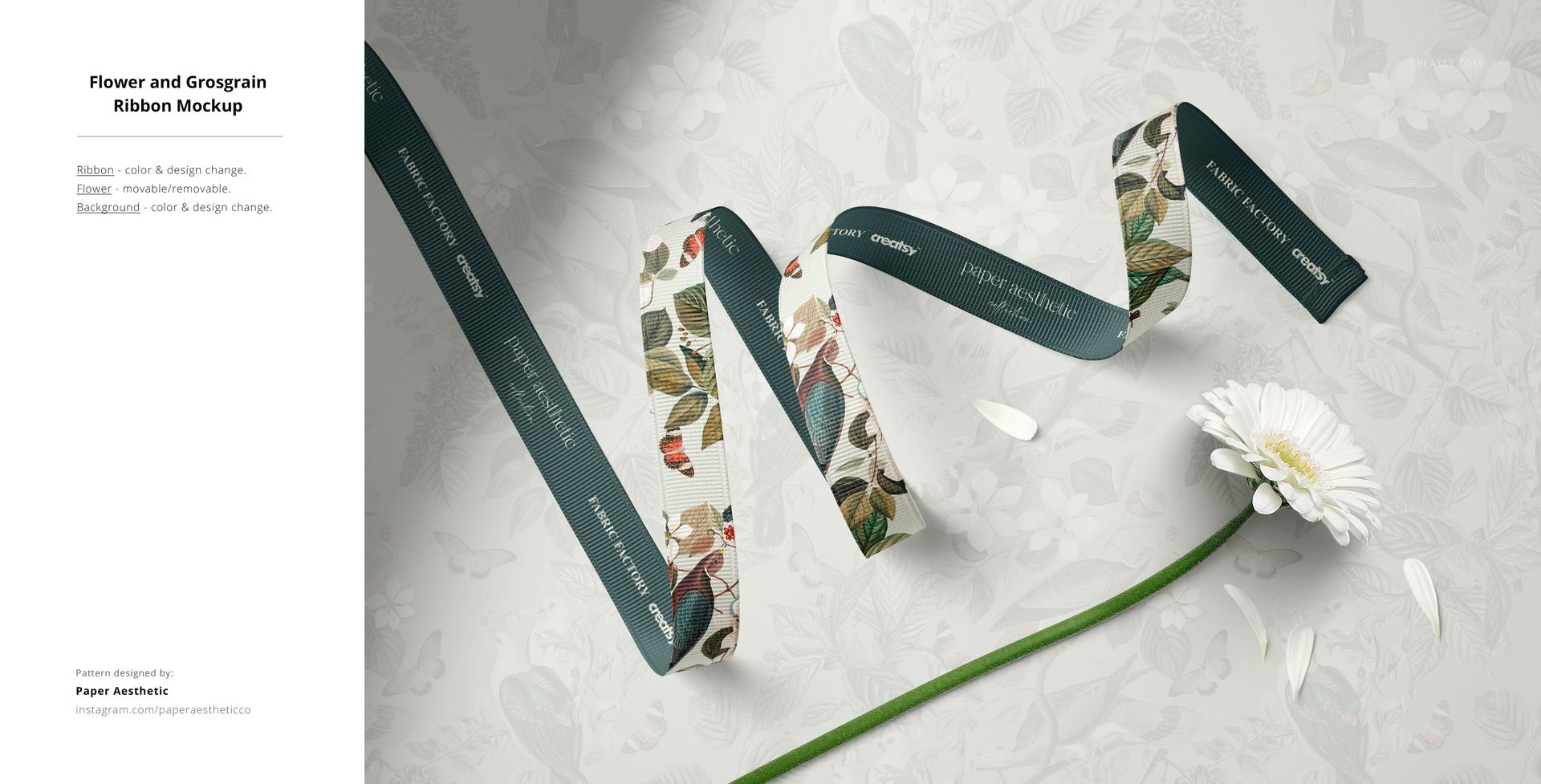Front view of a fabric mockup featuring a green ribbon with floral patterns, displayed on a light floral background.
