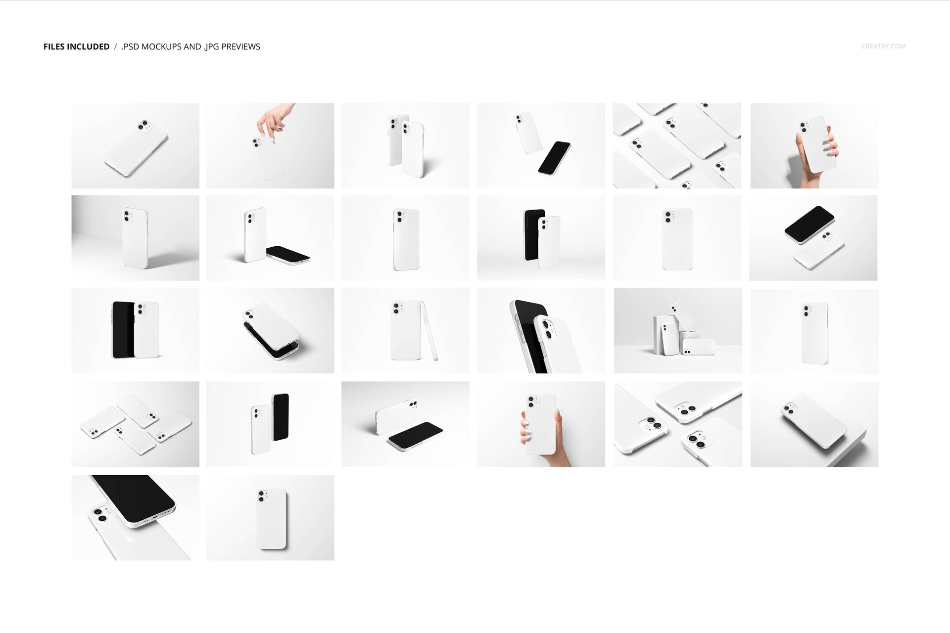 Set of iPhone 12 glossy snap case mockups in various angles and positions, featuring plain white cases on minimal backgrounds.