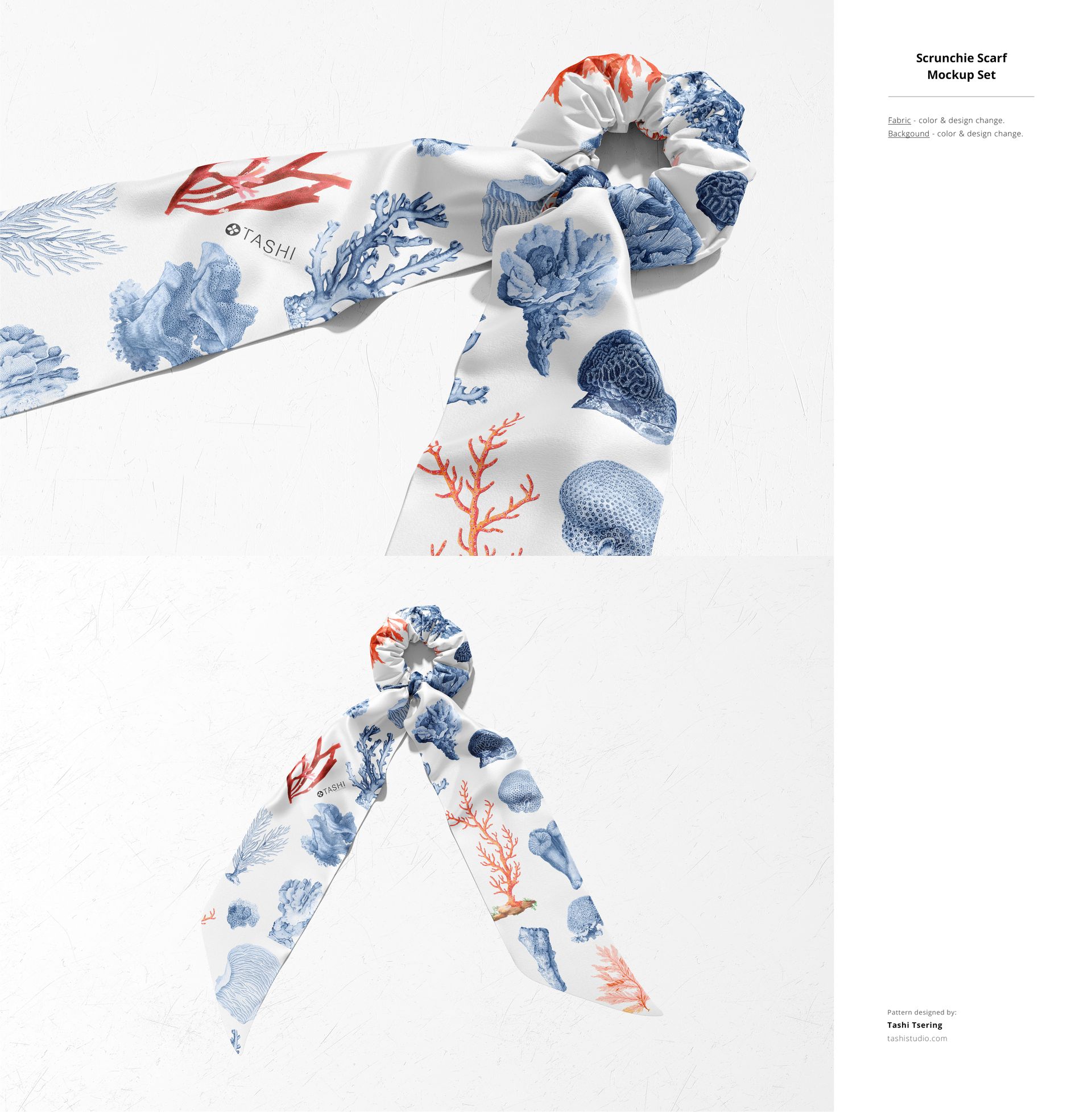 Close-up of a fabric scrunchie scarf mockup with detailed blue and orange coral designs on white fabric.