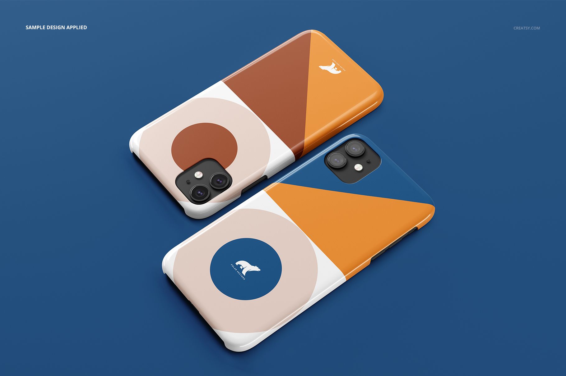 iPhone 11 glossy snap case mockup set with modern geometric artwork in brown, orange, and blue, on a flat blue background.