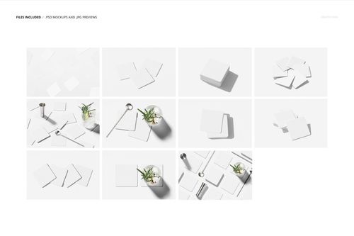 Square coasters mockup set featuring multiple white coasters arranged in various layouts on a light background.