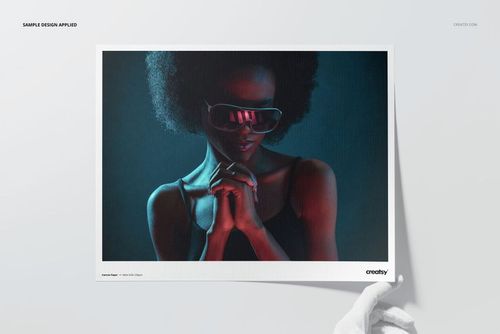 Canvas paper print mockup showing a rectangular sheet with a vivid portrait design, displayed on a white surface.