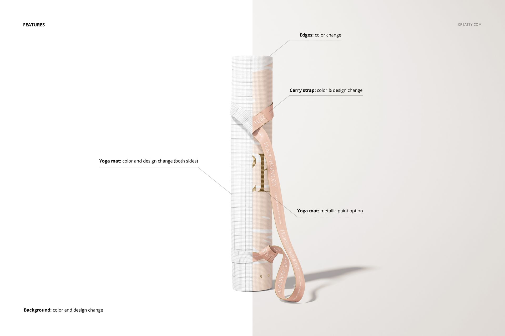 Rolled yoga mat mockup with customizable grid design and pale pink strap, displayed upright against a neutral background.