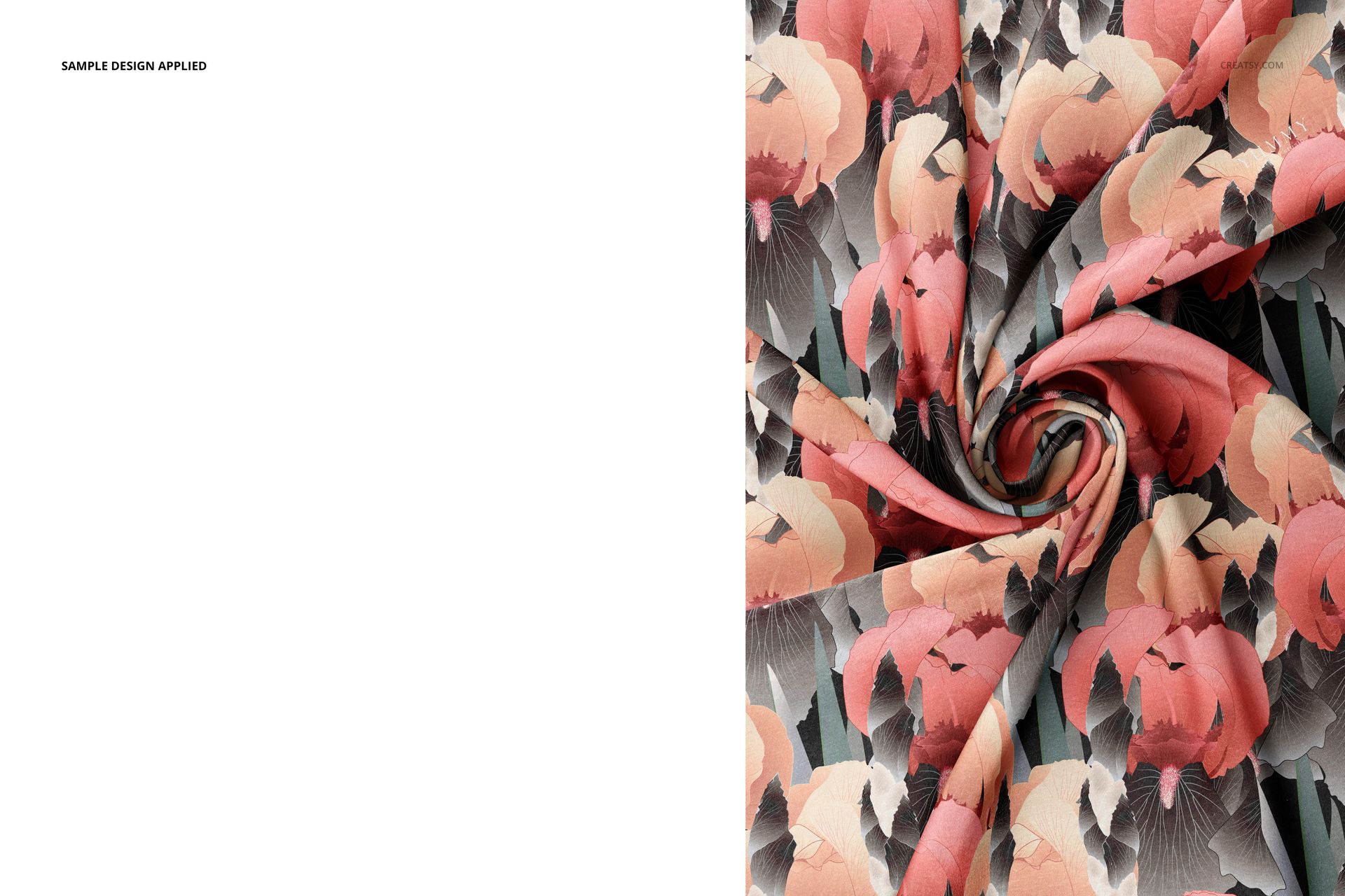 Close-up view of twisted silk fabric mockup featuring a floral pattern in shades of pink, peach, and gray.