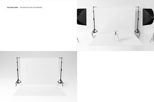 Photography backdrop mockup set featuring a plain white wall and floor, studio lights, and a small stool in front view.