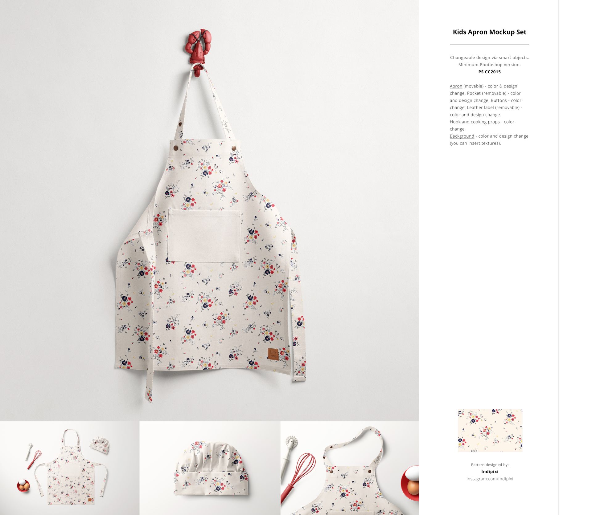 Floral kids apron mockup shown hanging on a hook, accompanied by a chef hat and baking accessories on a white surface.