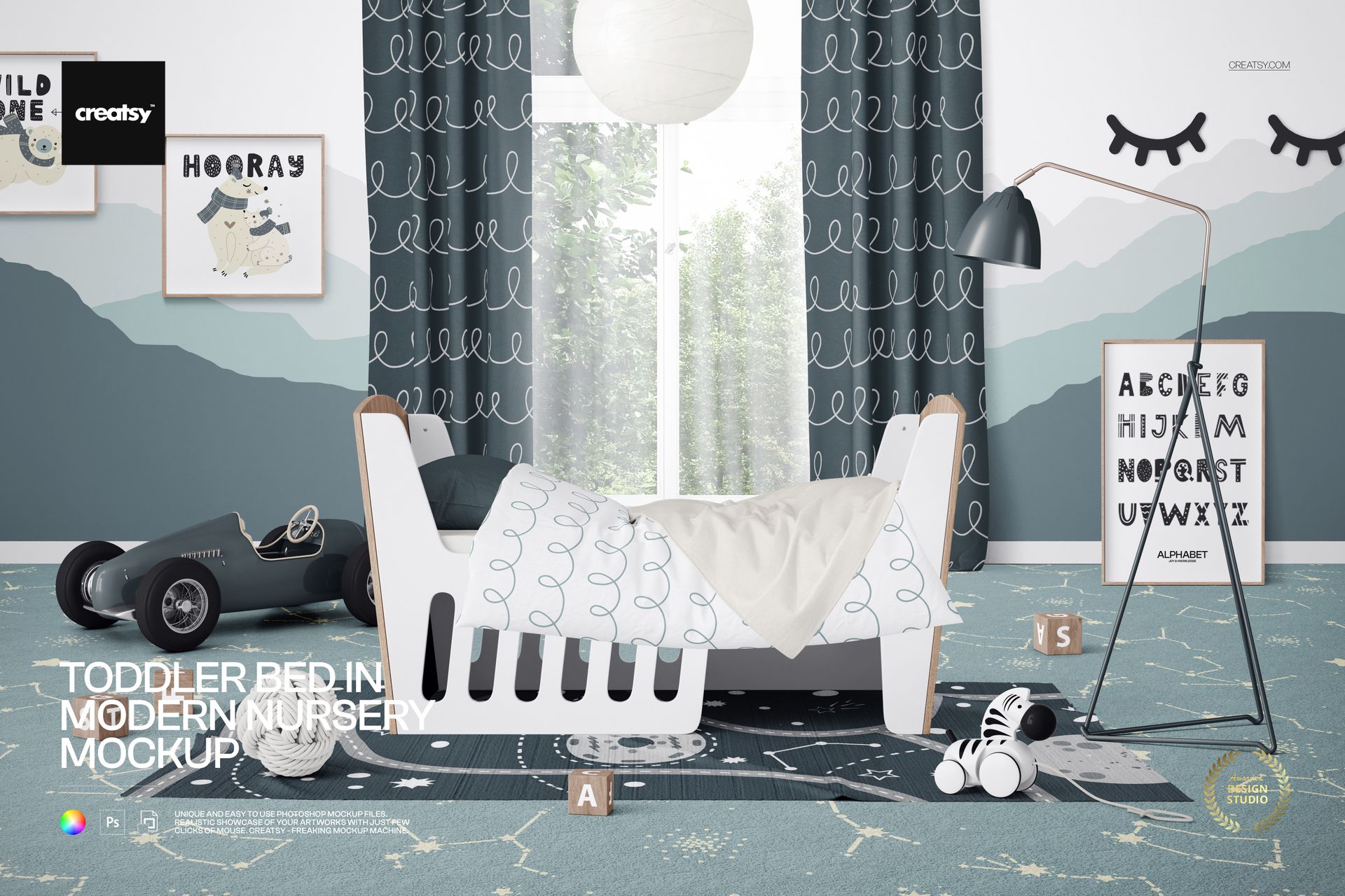 PSD mockup showing a toddler bed in a stylish nursery with geometric wall art, alphabet blocks, and soft colors.