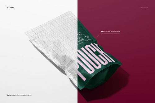 Mockup of a green stand up paper pouch displayed diagonally, split between white grid and burgundy backgrounds.