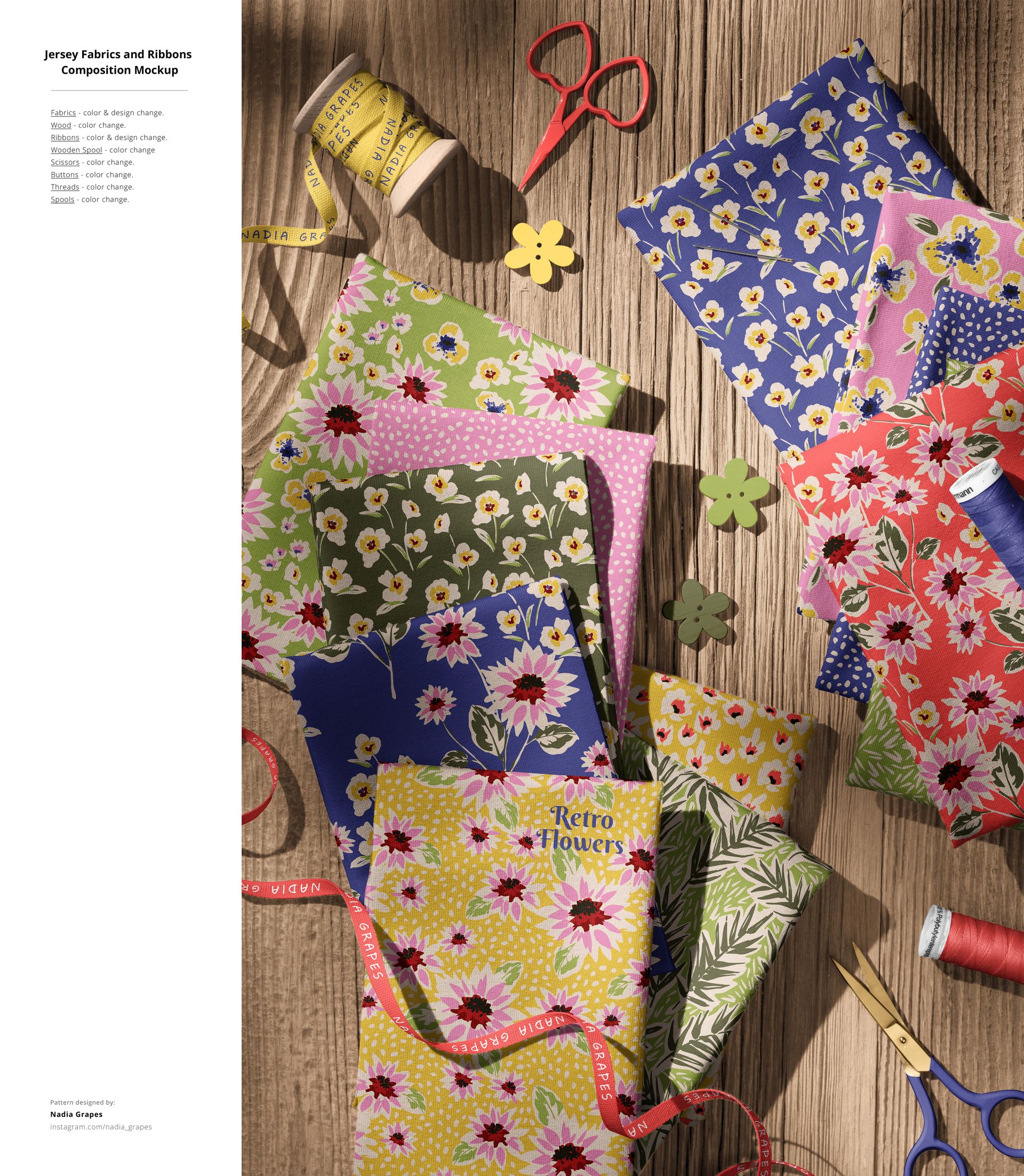 Stacked and scattered jersey fabric pieces with colorful floral patterns, viewed from above on a wooden surface.