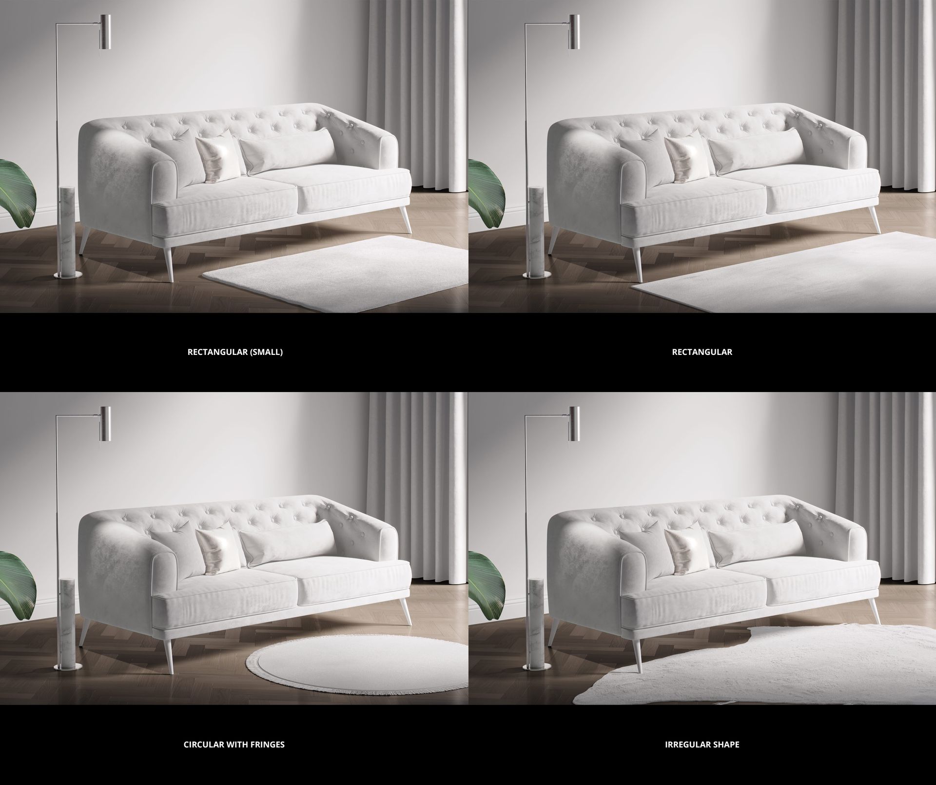 Retro living room scene mockup with a white tufted sofa, floor lamp, and four different rug shapes on wooden flooring.