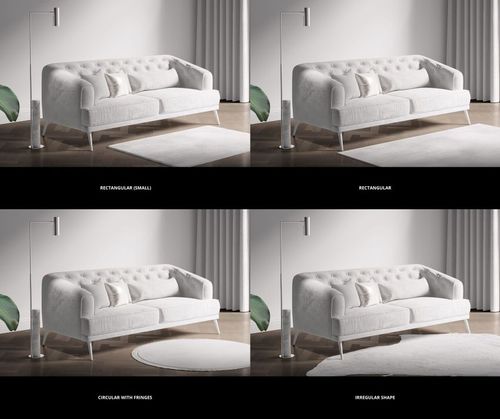 Retro living room scene mockup with a white tufted sofa, floor lamp, and four different rug shapes on wooden flooring.