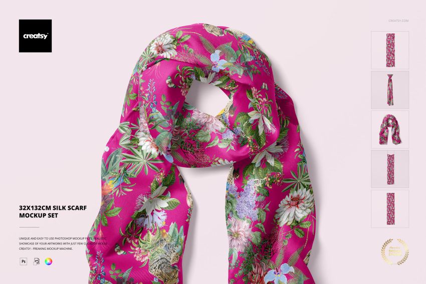 Silk scarf mockup with a vibrant pink background and floral pattern, displayed in a front view with detailed texture.