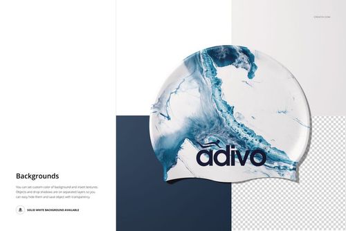 Swim cap mockup with abstract blue and white marbled pattern, front view on a geometric background.