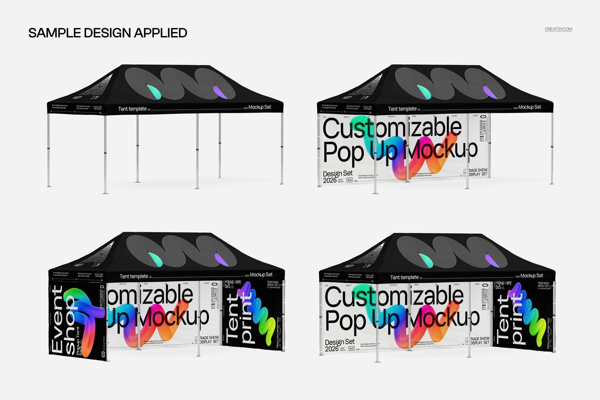 Pop-up tent mockup featuring four tents with black canopies and colorful sample designs, shown from front and angled views.
