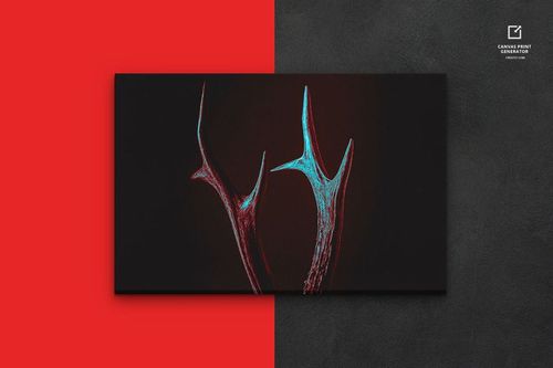Front view of a canvas print mockup with stylized antlers in vivid blue and red, placed on red and black textured backdrop.