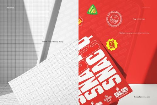 Fast food tray mockup with red color, featuring various stickers and bold white snack lettering, top view.