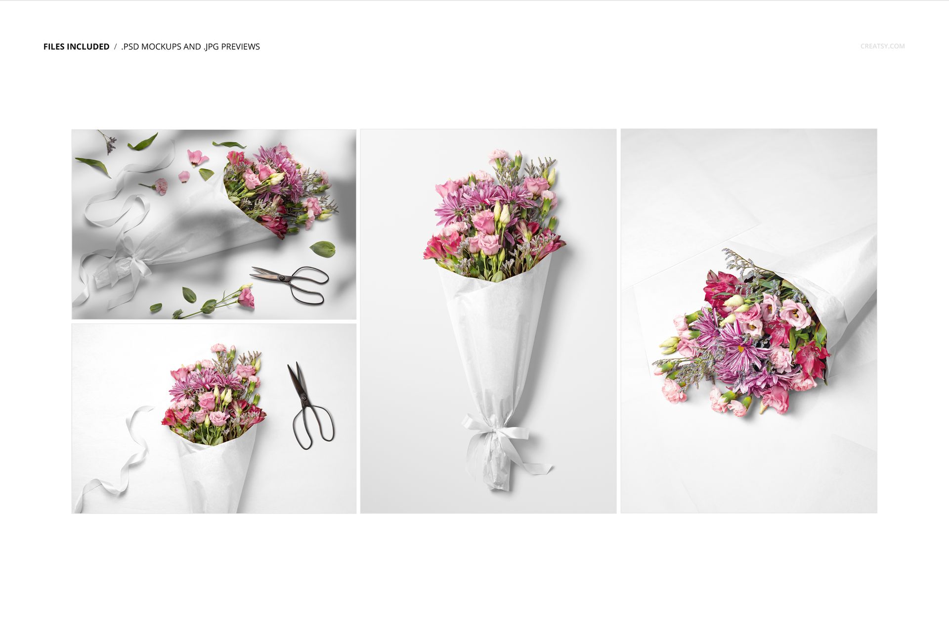 Top-down and front views of a colorful flower bouquet mockup set, wrapped in white paper with ribbon and scattered props.
