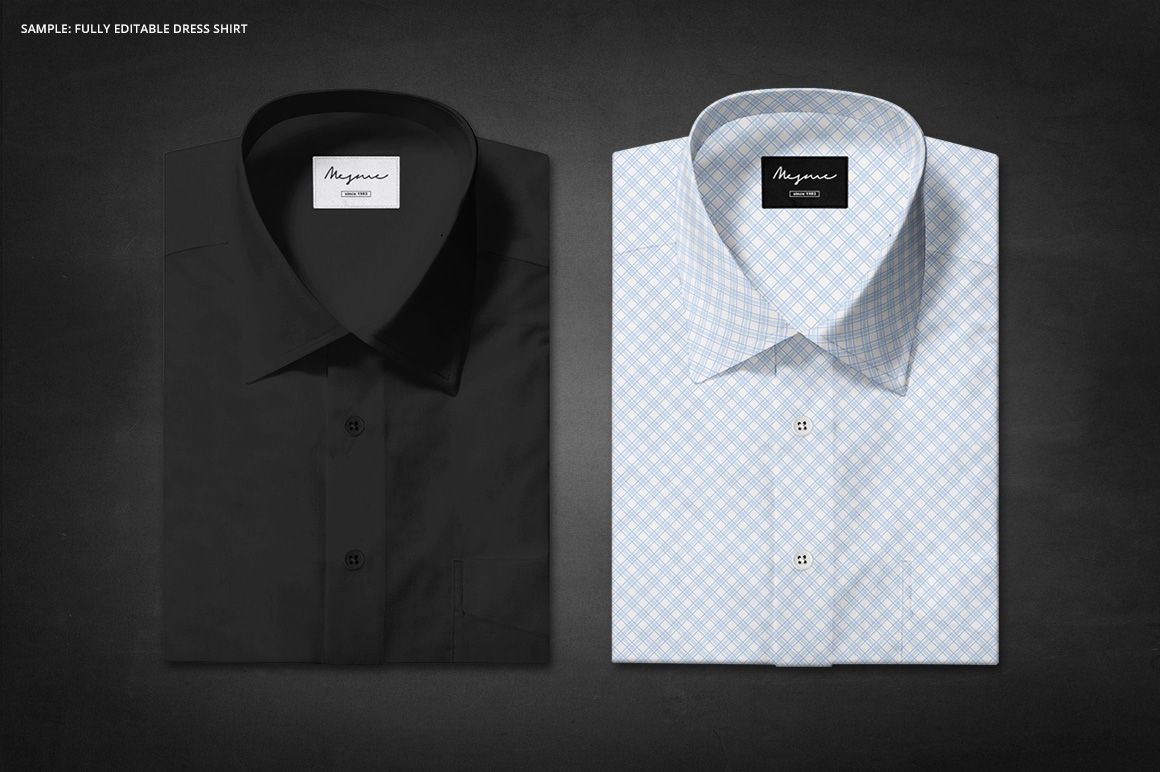 Mockup showing two men's dress shirts neatly folded, featuring a black shirt and a light blue patterned shirt side by side.