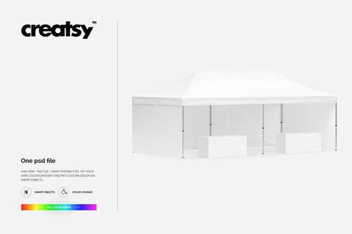 Rectangular pop up tent mockup in white, front perspective, with two white tables, isolated on a light background.