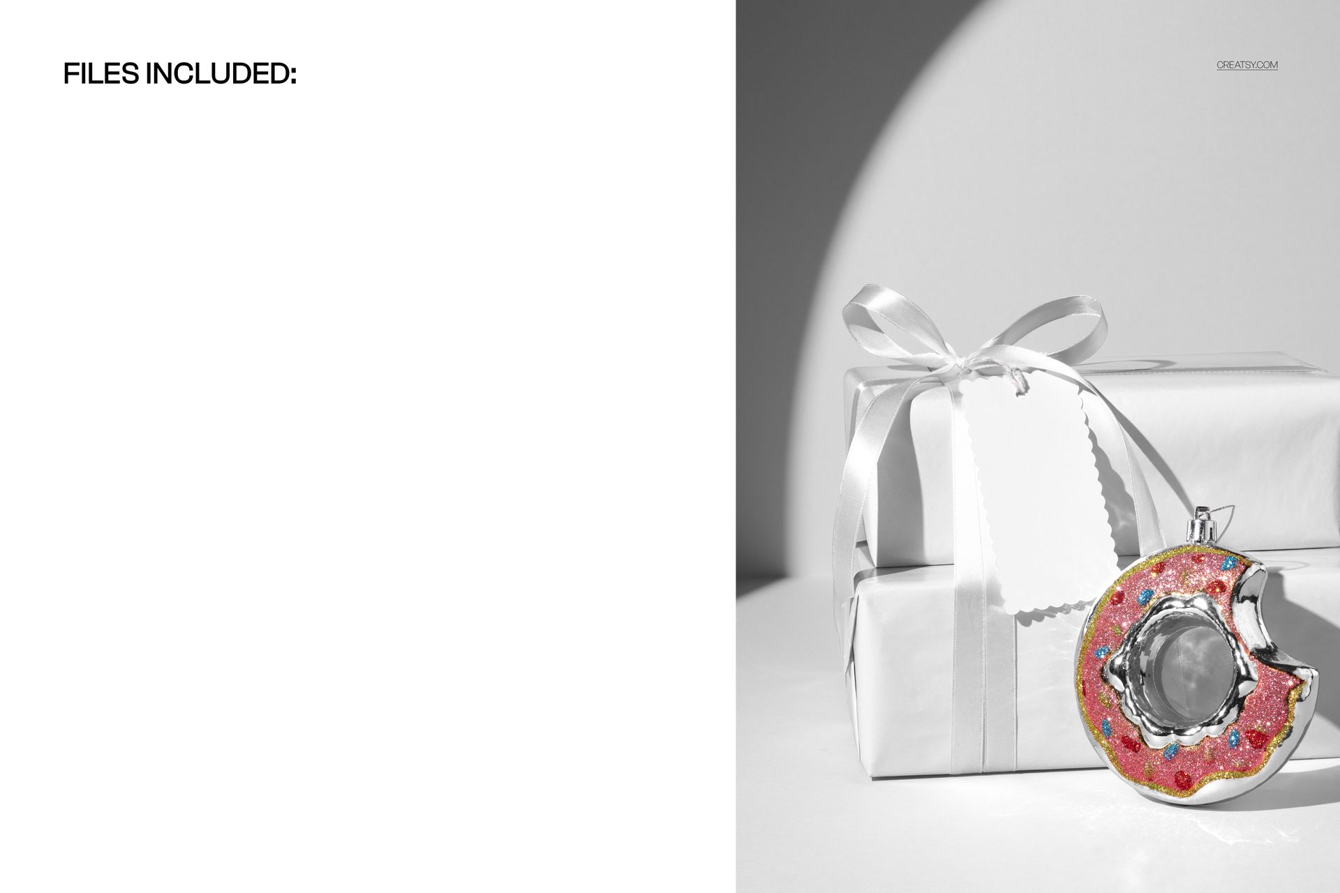 Front view of two white gift boxes with ribbon, accompanied by a colorful donut ornament, in a packaging mockup scene.