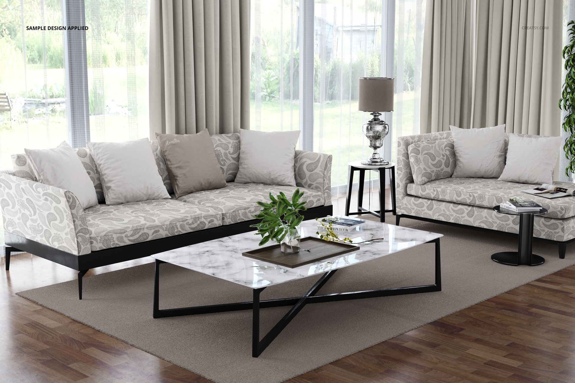 Front view of a spacious living room mockup featuring classic sofas, neutral curtains, and a marble-top table.
