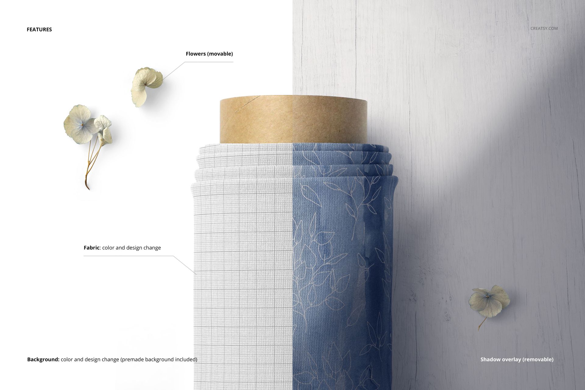 Top view close-up of a fabric roll mockup with half blue floral pattern and half gray grid, on a light surface.