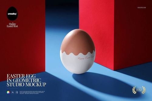 Geometric Easter egg mockup featuring a brown top and white bottom, positioned between red panels on a blue background.