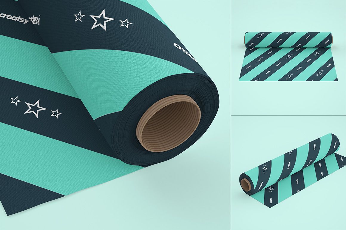 Cotton fabric roll with teal and dark blue diagonal stripes and white stars, shown in multiple mockup perspectives on a light background.