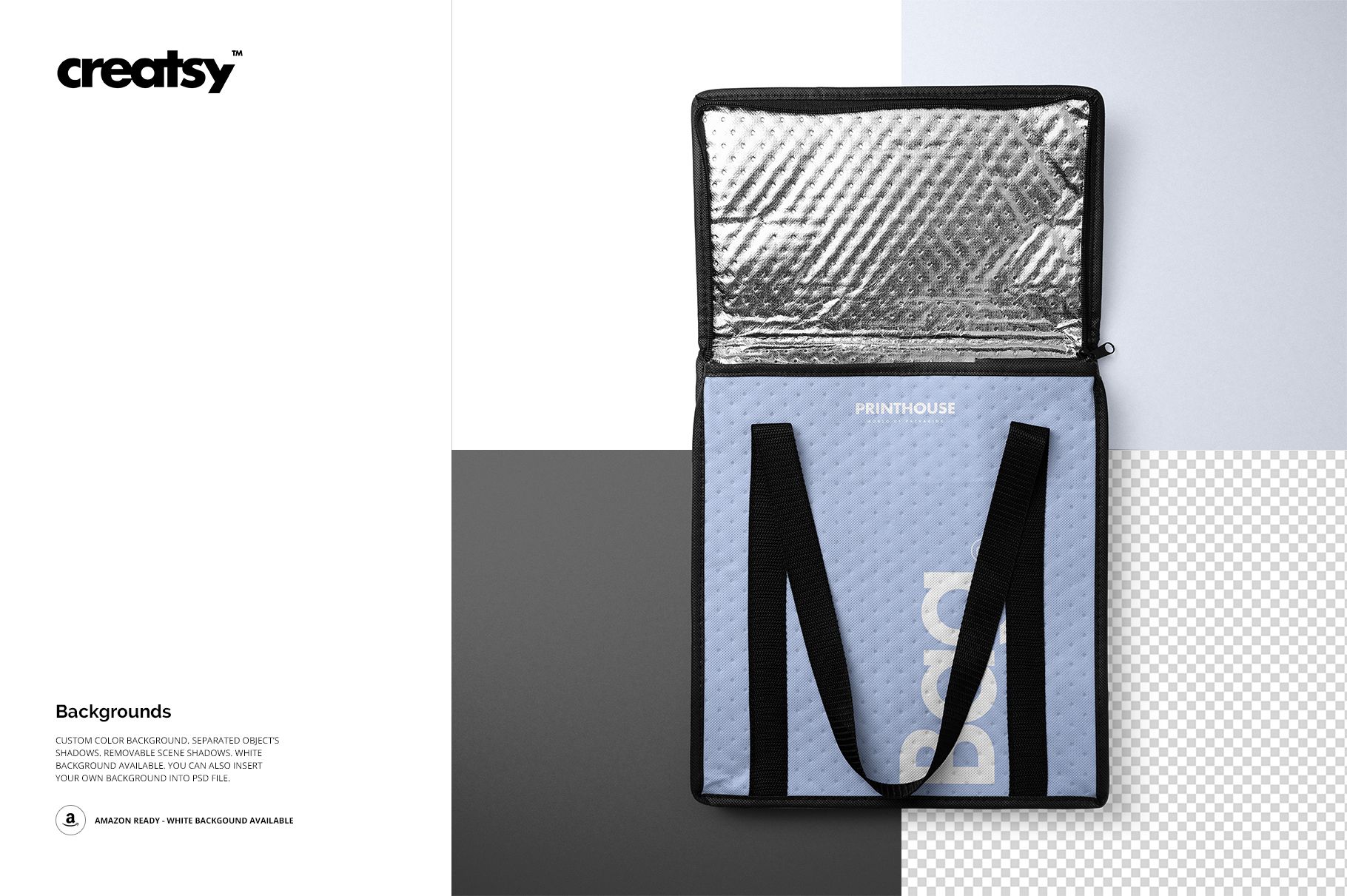 Insulated cooler bag mockup shown from a top view with the lid open, displaying a silver thermal lining and black handles.