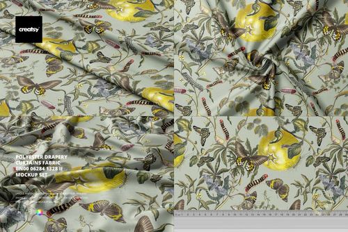 Polyester drapery curtain fabric mockup featuring a botanical and animal pattern on a light background, shown in close-up and flat views.