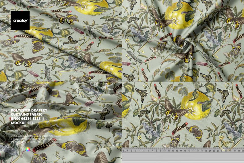 Polyester drapery curtain fabric mockup featuring a botanical and animal pattern on a light background, shown in close-up and flat views.