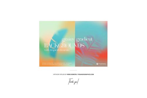 Vibrant PSD mockup featuring a grainy gradient backdrop and subtle tropical leaf silhouettes in blue and orange hues.