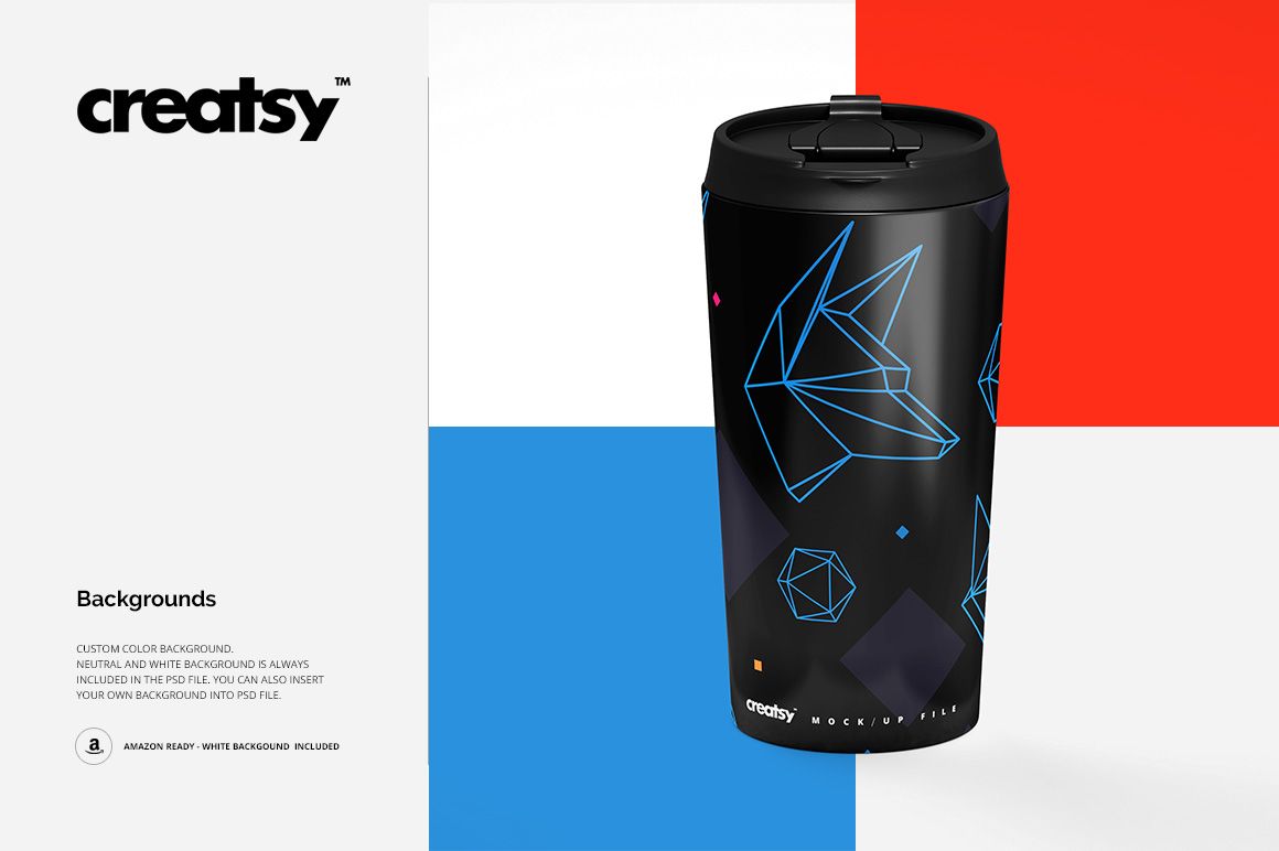 Front view of a 16 oz stainless steel tumbler with a geometric blue line pattern on a black surface, shown in a PSD mockup scene.