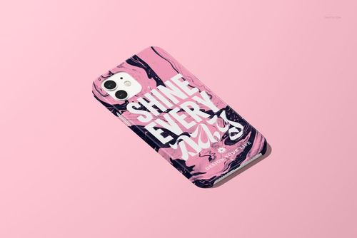 iPhone 12 case mockup featuring a glossy finish, abstract pink and black design, and large white lettering on a pink background.
