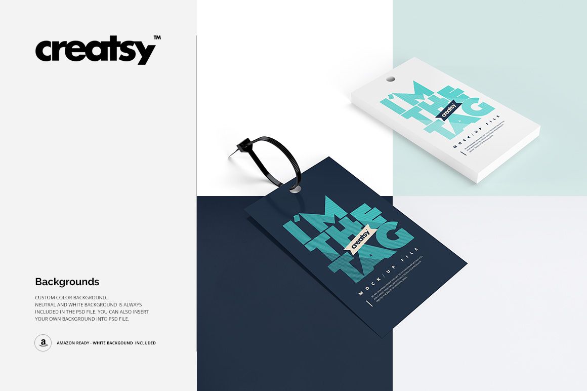 Cable tie tag mockup set featuring two rectangular tags, one navy and one white, with bold turquoise text, shown from a top view.