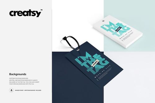 Cable tie tag mockup set featuring two rectangular tags, one navy and one white, with bold turquoise text, shown from a top view.