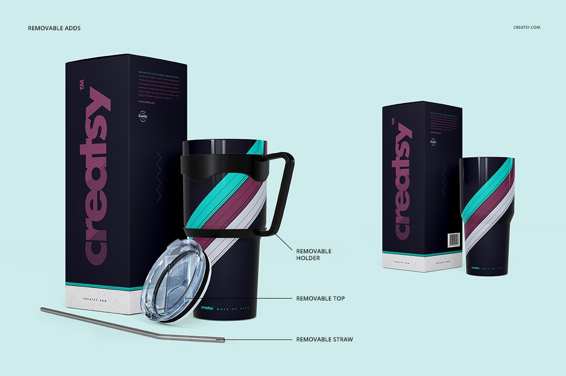 Front view of a 30oz stainless steel tumbler mockup with lid, straw, and handle, displayed next to a branded box.