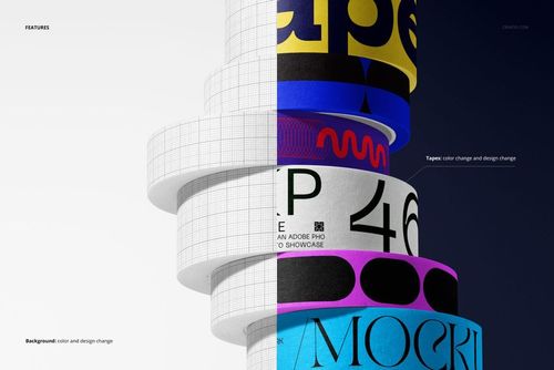 PSD mockup featuring a vertical stack of branded tape rolls, split between grayscale grid and vivid colored graphics.