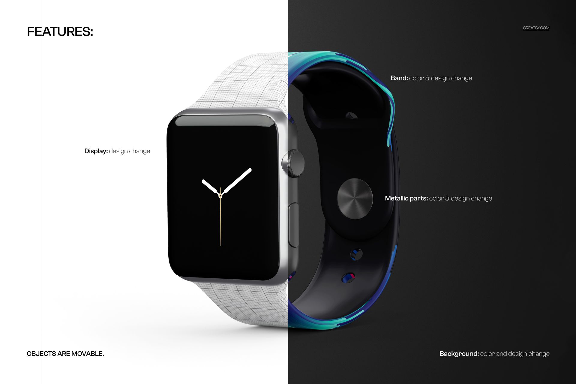 Apple Watch band mockup showing a split view with editable band colors, metallic parts, and display design.